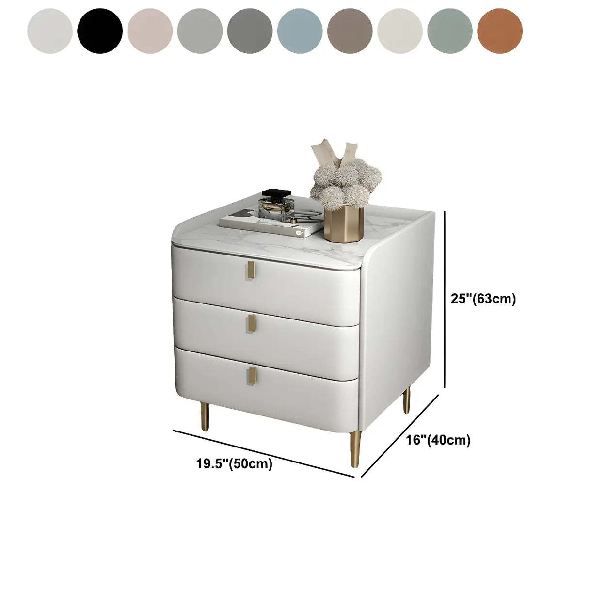Curved Off-White Leather 3-Drawer Nightstand