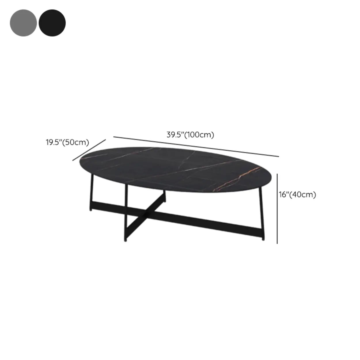 Black Oval Stone Steel Cross-Leg Coffee Table — Grey