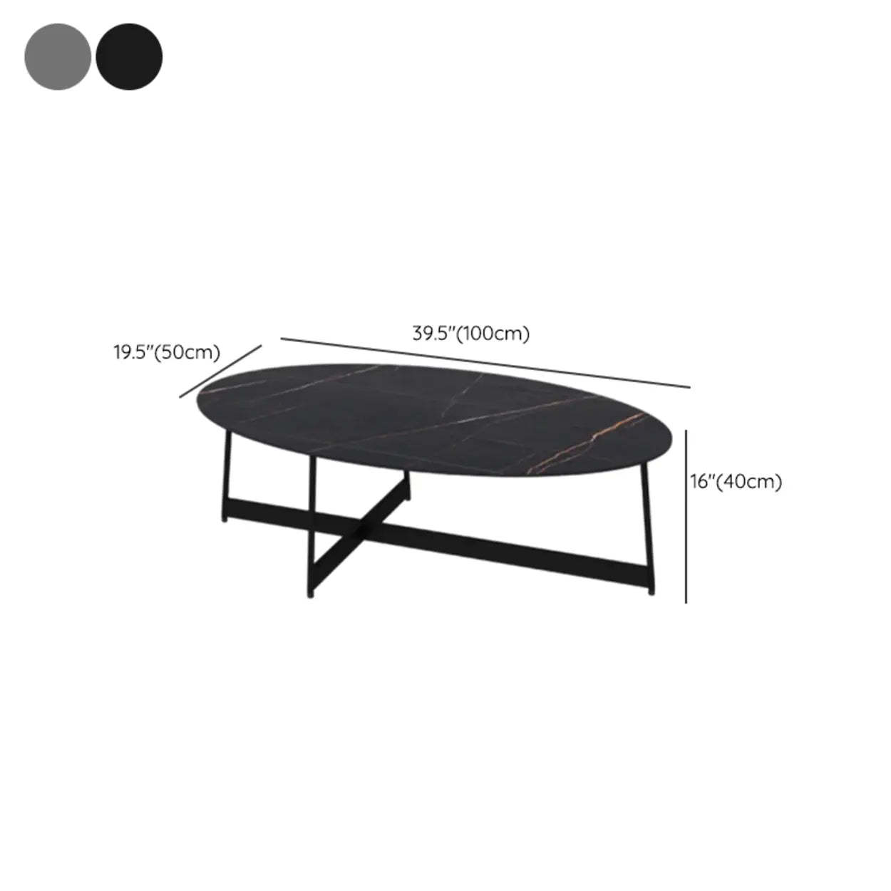 Black Oval Stone Steel Cross-Leg Coffee Table — Grey