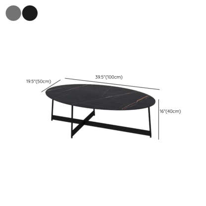 Black Oval Stone Steel Cross-Leg Coffee Table — Grey