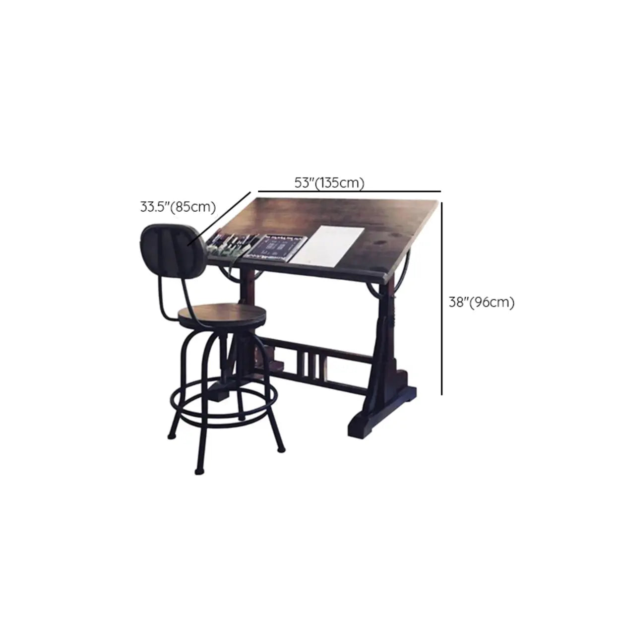 Brown Adjustable Wooden Drafting Table with Storage #size