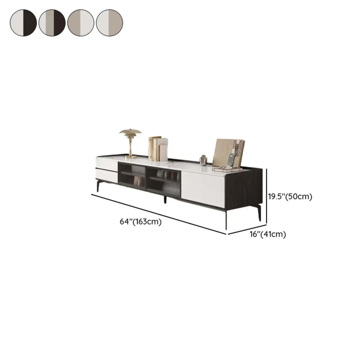 Minimalist Marble Top TV Stand with Drawers — White/ Khaki
