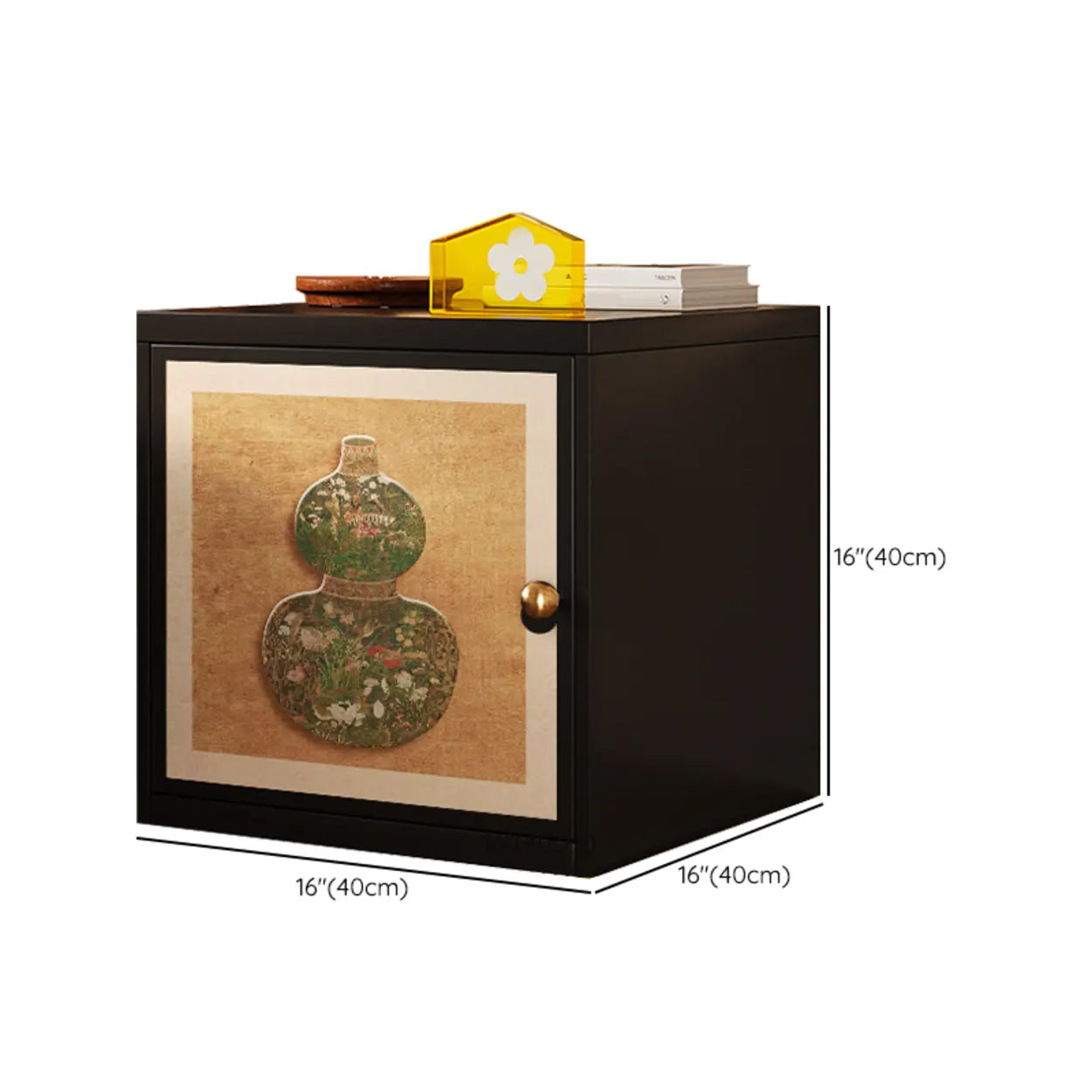 Artistic Animal Print Black Nightstand with Cabinet