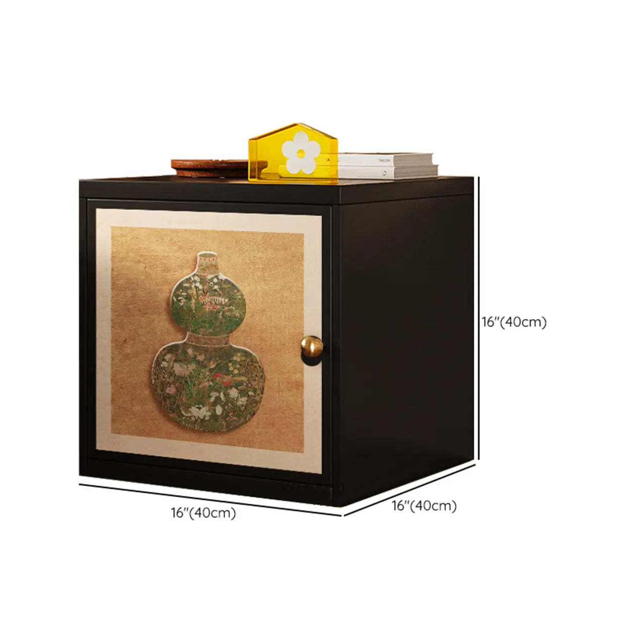 Artistic Animal Print Black Nightstand with Cabinet