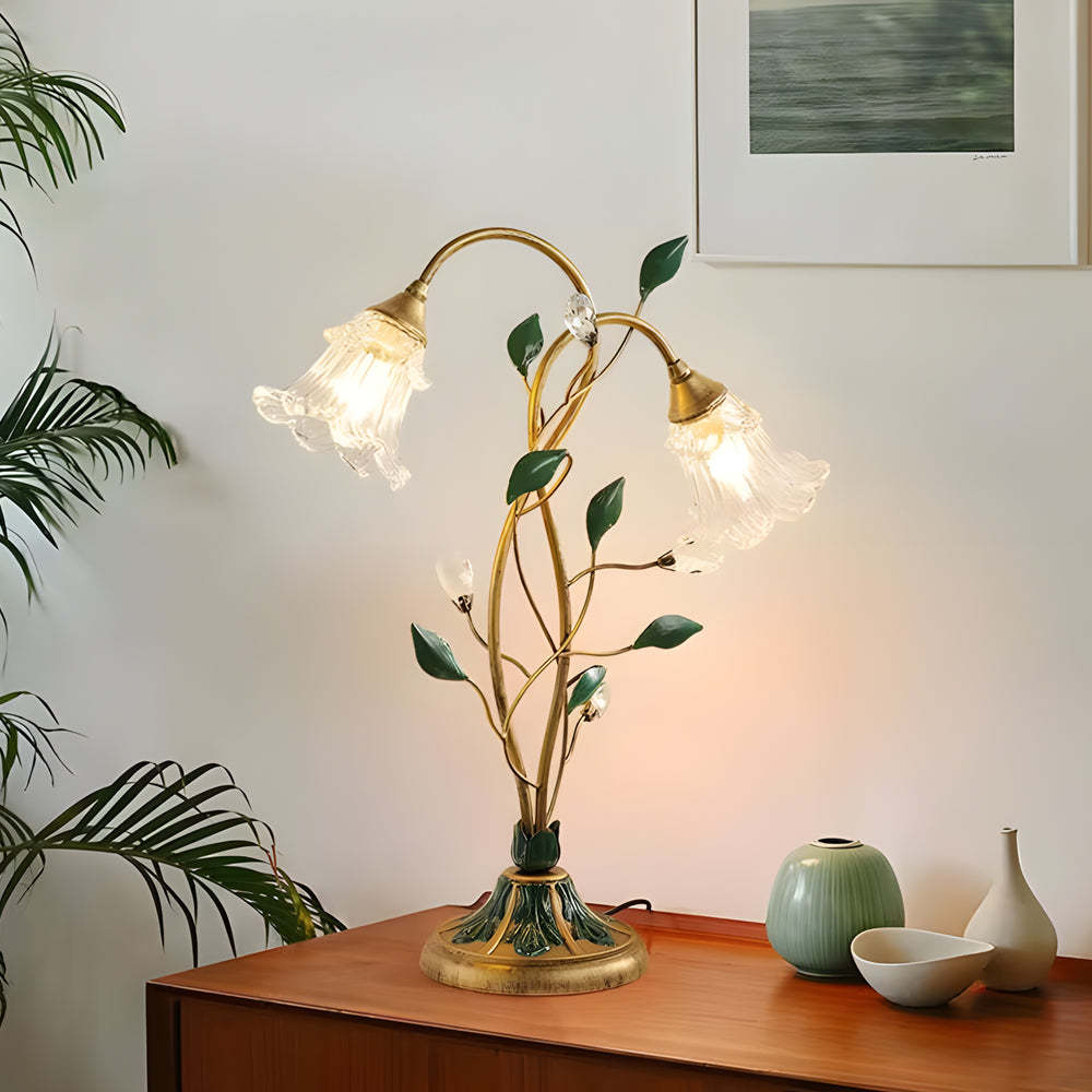 Dimmable Glass Floral Desk Lamp with Dual Lights and Leaf Accents for Ambiance-Lighom
