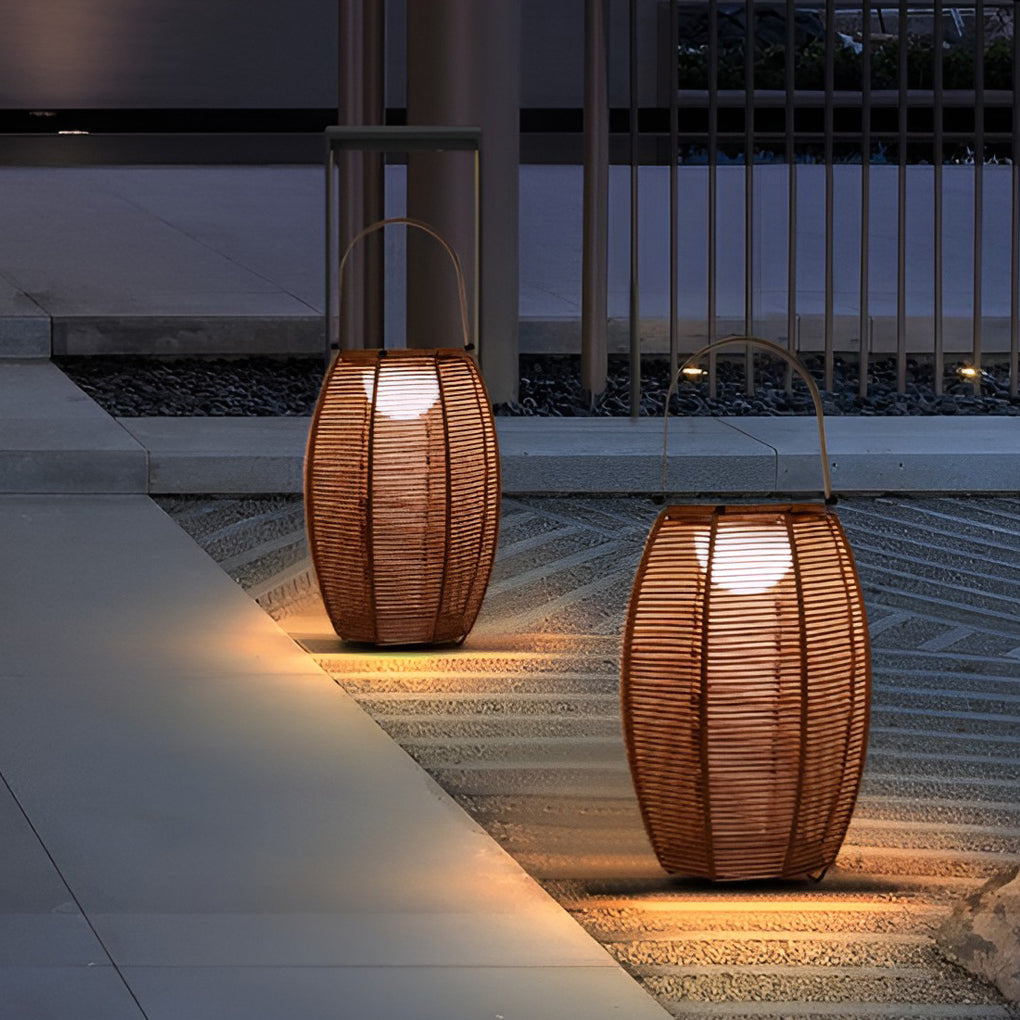 Rattan Lantern Shaped LED Waterproof Portable Modern Outdoor Floor Lamp-Lighom