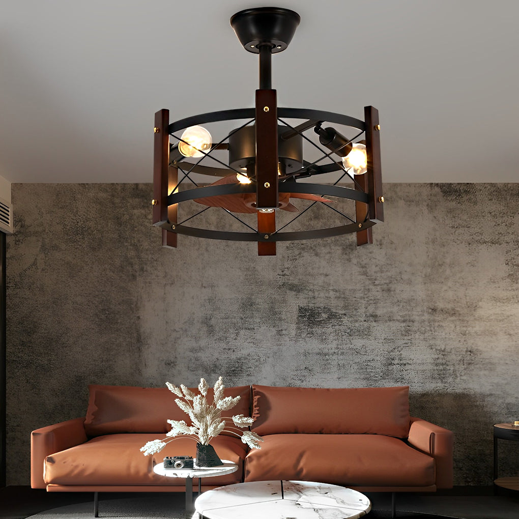 Retro Metal Black American Bladeless Ceiling Fan Chandelier