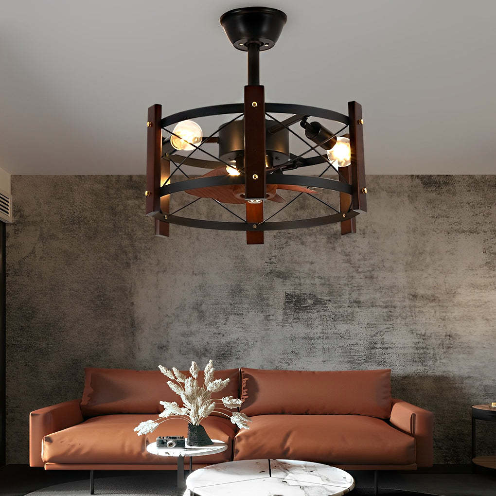 Retro Metal Black American Bladeless Ceiling Fan Chandelier