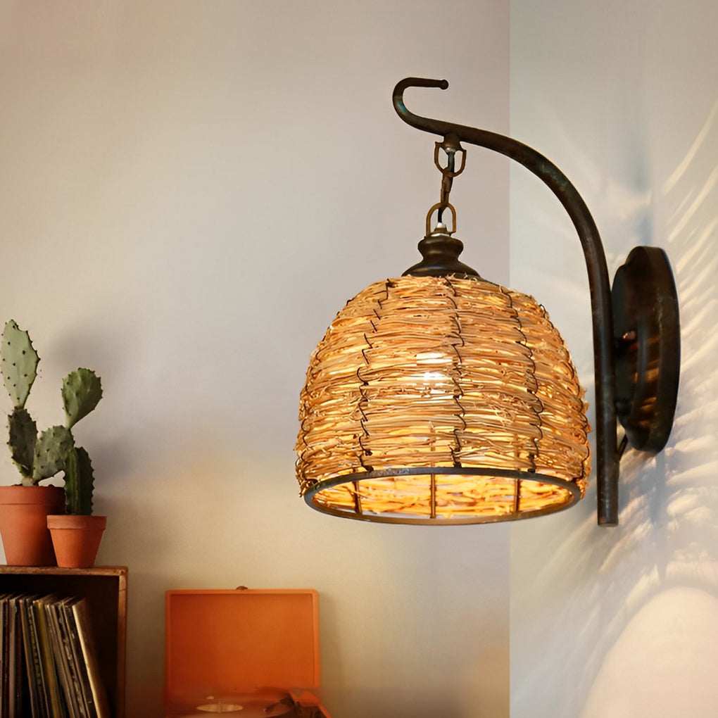 Hand Weaving Rattan Grass Iron Retro Rustic Wall Lamp Wall Light Fixture-Lighom