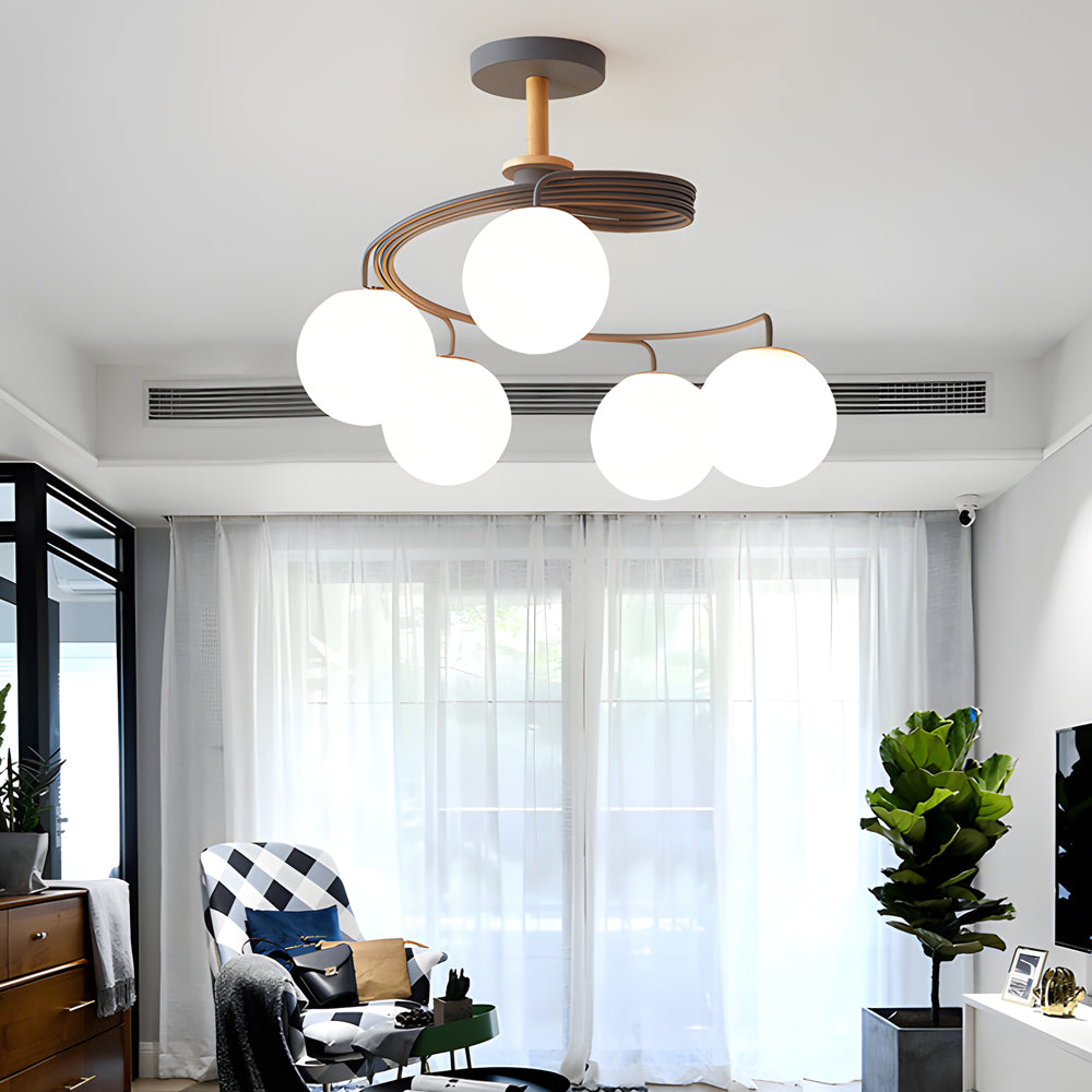 Glass Ball Spiral Metallic Semi-Flush Ceiling Light