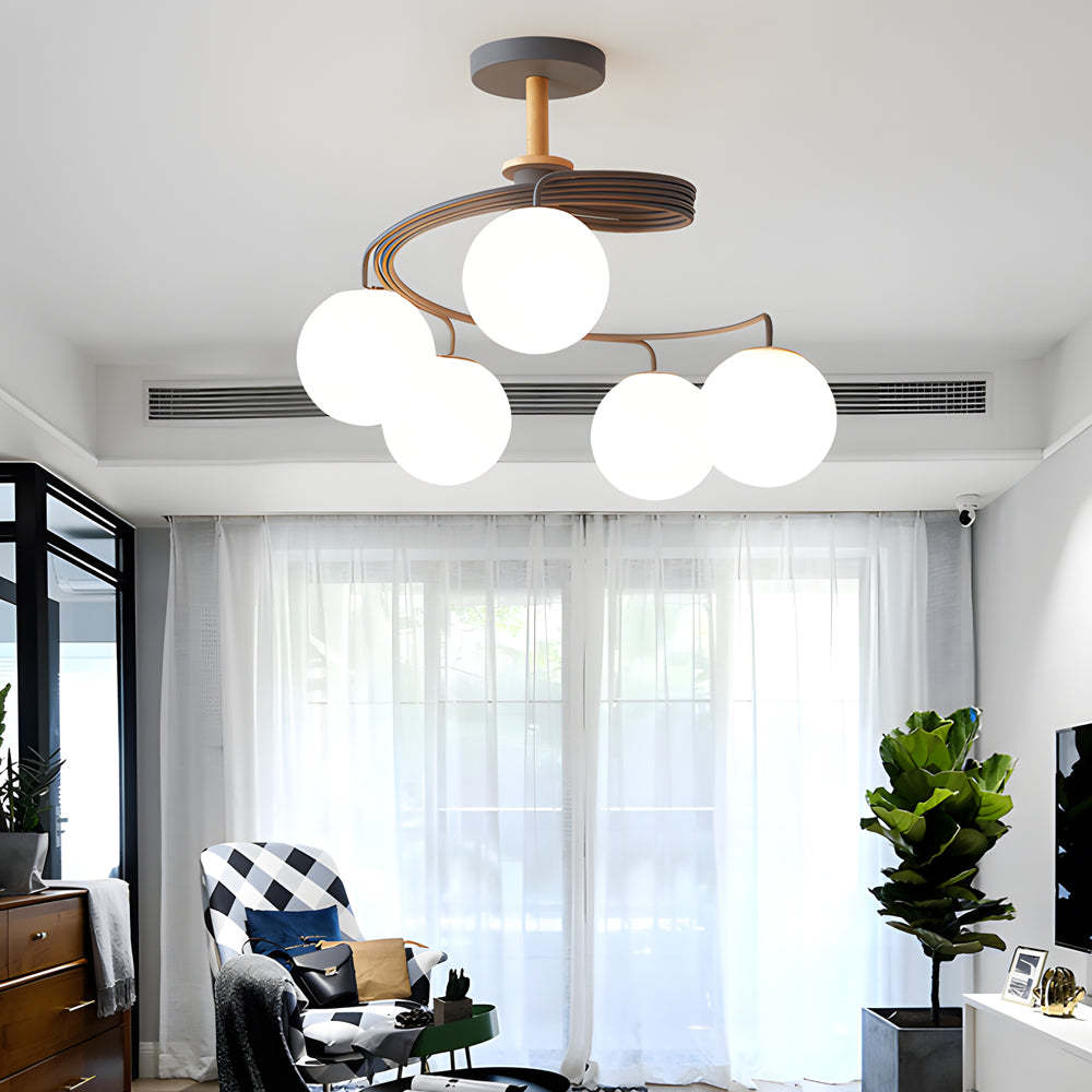 Glass Ball Spiral Metallic Semi-Flush Ceiling Light