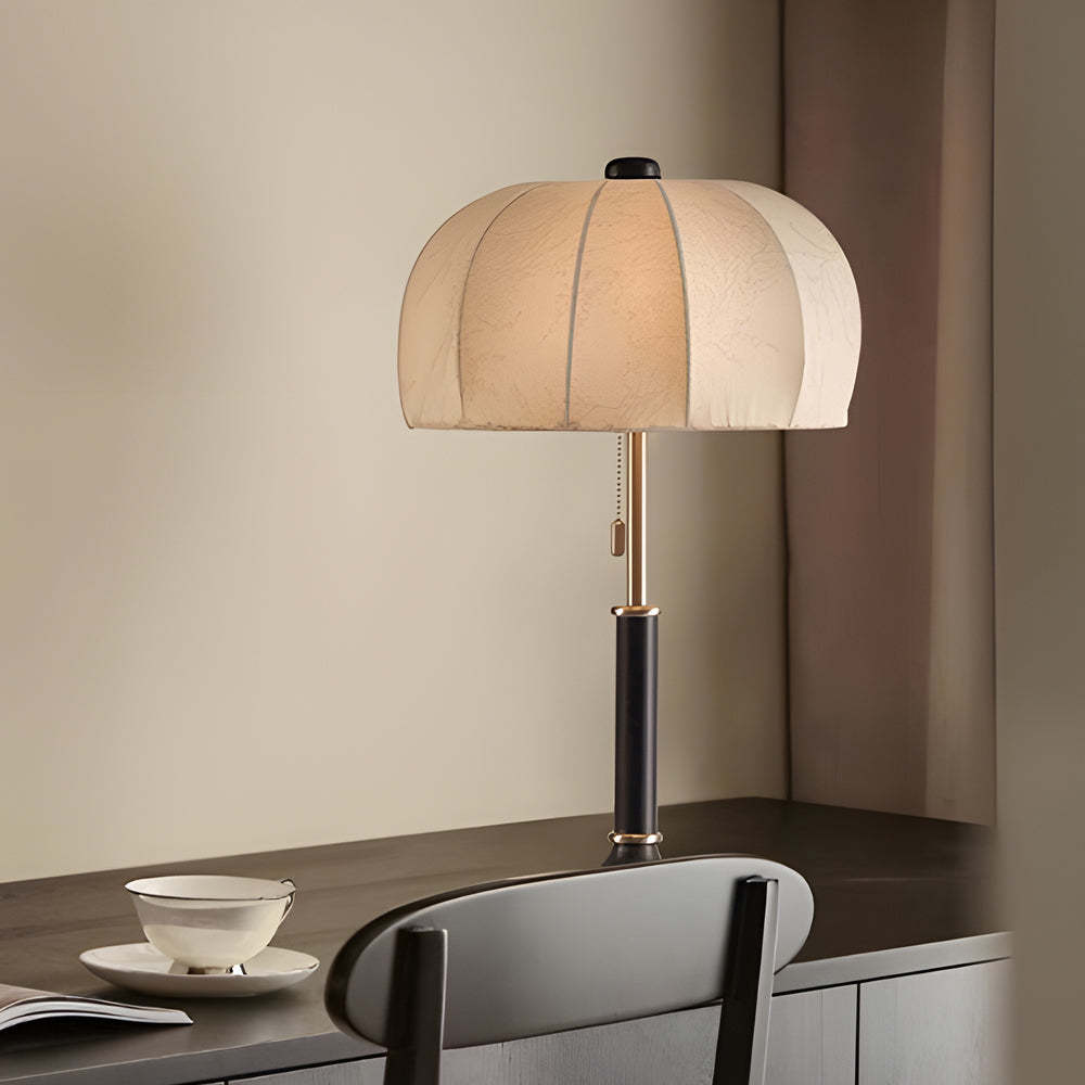 Retro Brass Dome Fabric Table Lamp Pull Chain Bedroom Lamp-Lighom