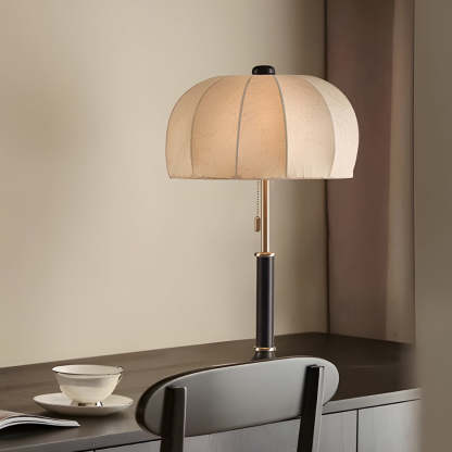 Retro Brass Dome Fabric Table Lamp Pull Chain Bedroom Lamp-Lighom
