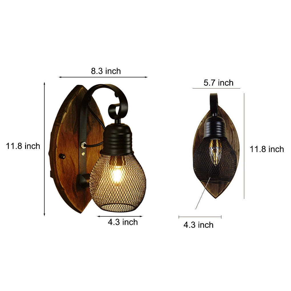 Rustic Antique Wood Iron Hollow Mesh Black E27 Industrial Style Wall Lamp-Lighom