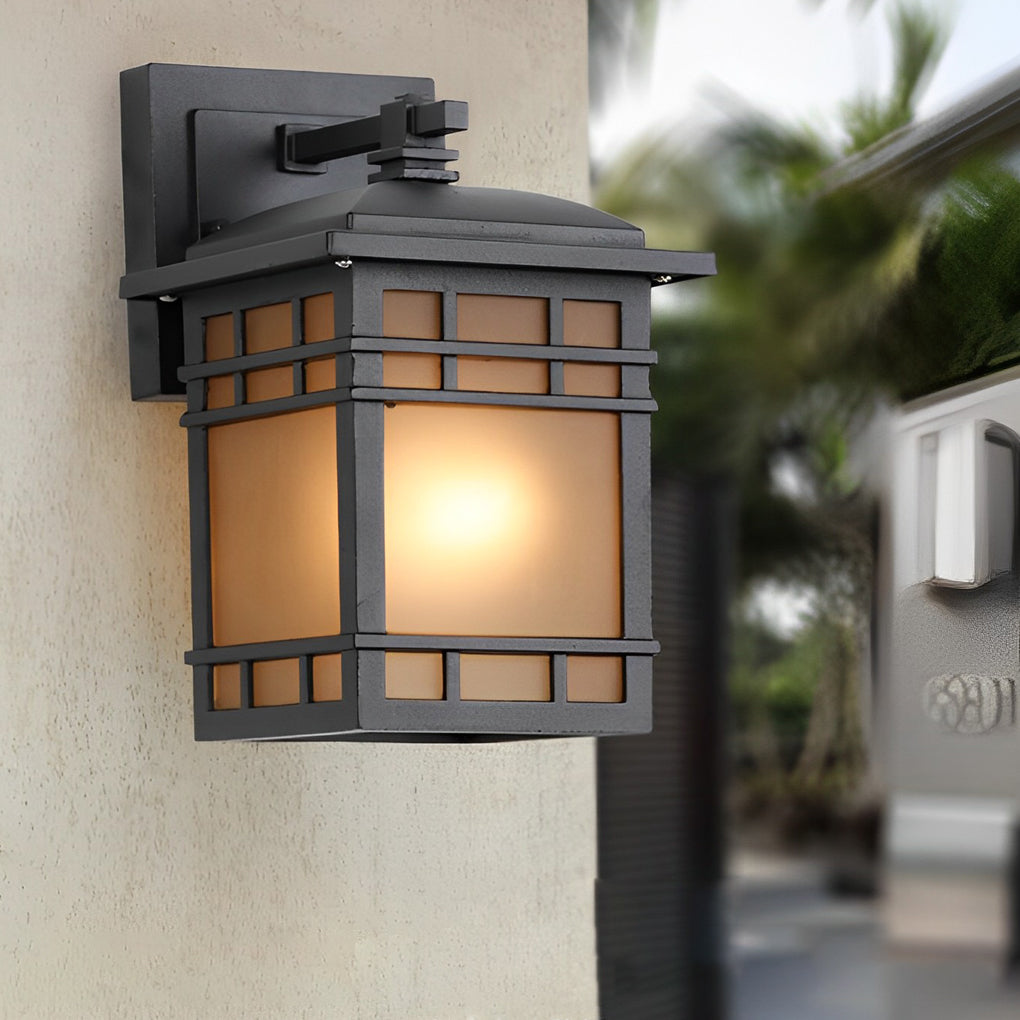 Square Retro Waterproof Yellow Glass Shade Vintage Outdoor Wall Lights-Lighom