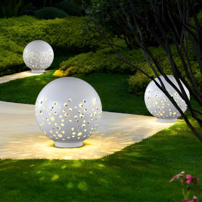 Waterproof Round Metal Hollow White Modern Outdoor Lanterns Lawn Lamp-Lighom