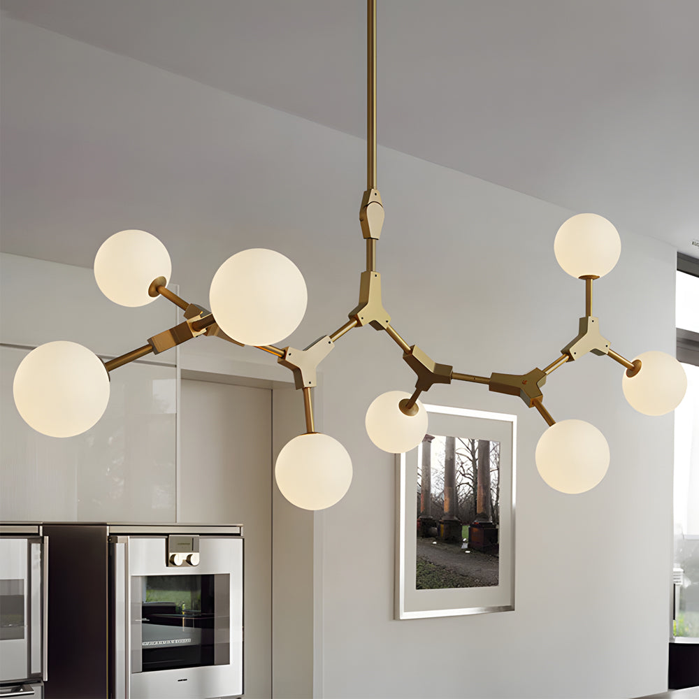Gold Molecule Chandelier with White Glass Shades