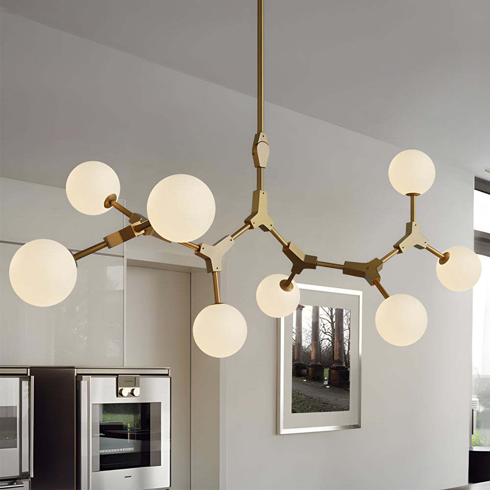 Gold Molecule Chandelier with White Glass Shades