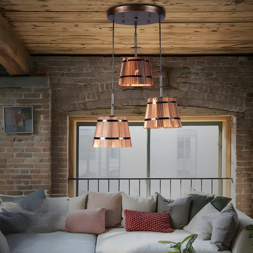 Rustic shade rust pendant lighting in wood — Round / 3-Light