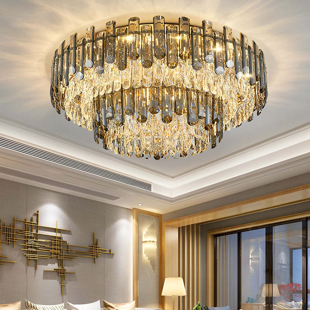 Lighom round metal crystal iron flush mount lighting for living room or bedroom