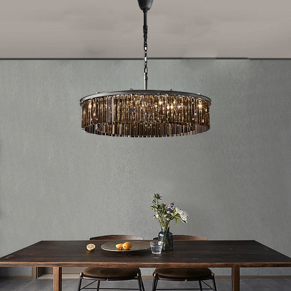 Round Metal Crystal Strip Retro American Chandelier — 6-Light / Smoke Gray