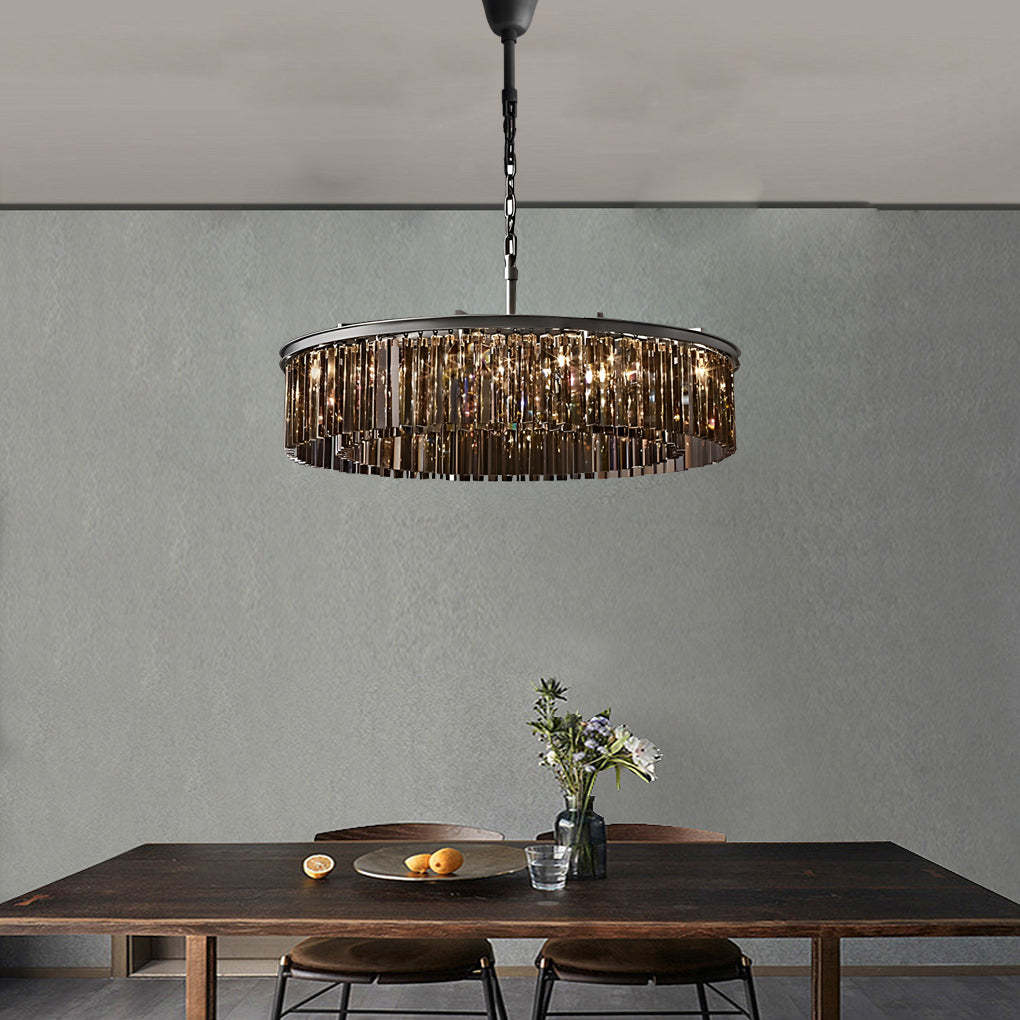 Round Metal Crystal Strip Retro American Chandelier — 6-Light / Smoke Gray