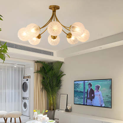 Modern Brass Carved Glass Semi-Flush Ceiling Light