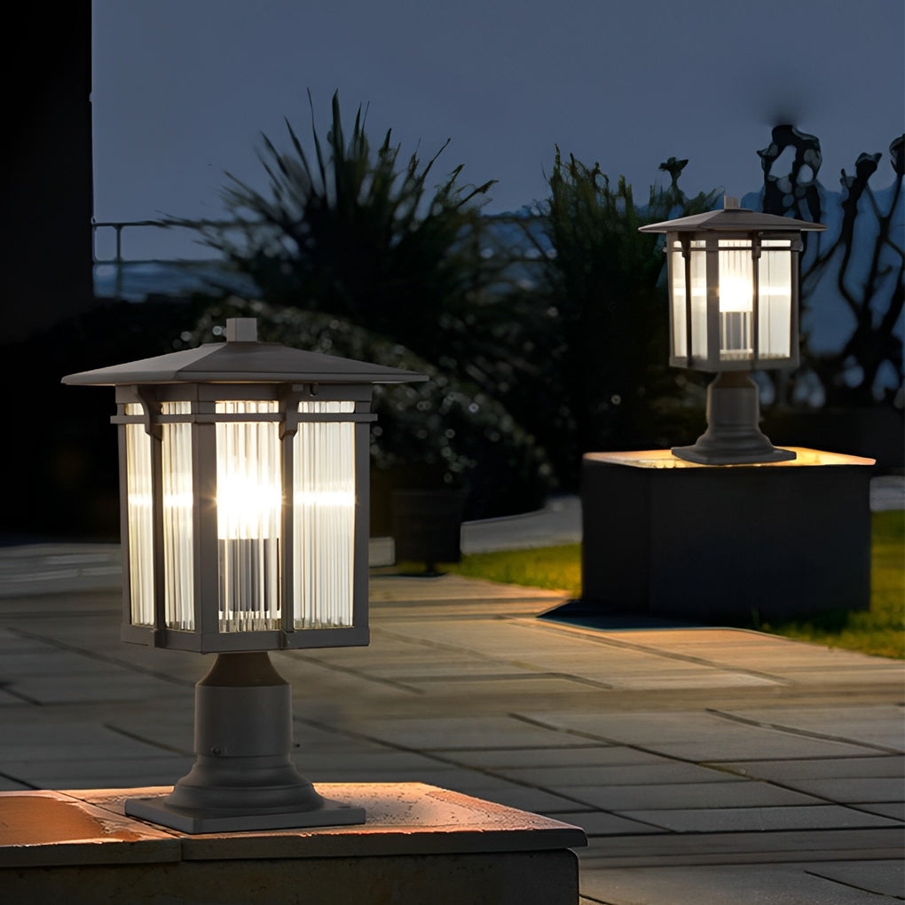 Striped Glass Shade LED Waterproof Black Modern Outdoor Post Lights-Lighom
