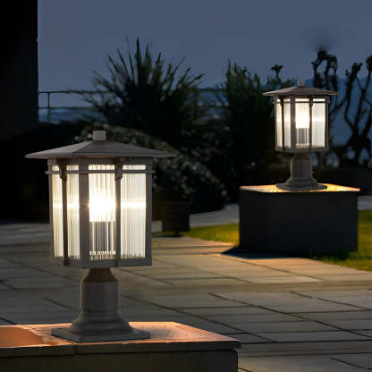 Striped Glass Shade LED Waterproof Black Modern Outdoor Post Lights-Lighom