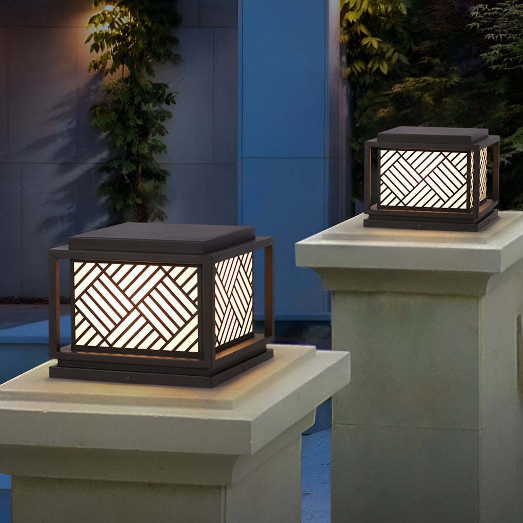 Industrial square cap black outdoor post lights in metal — 17"X17'×13" / Solar / Set of 6