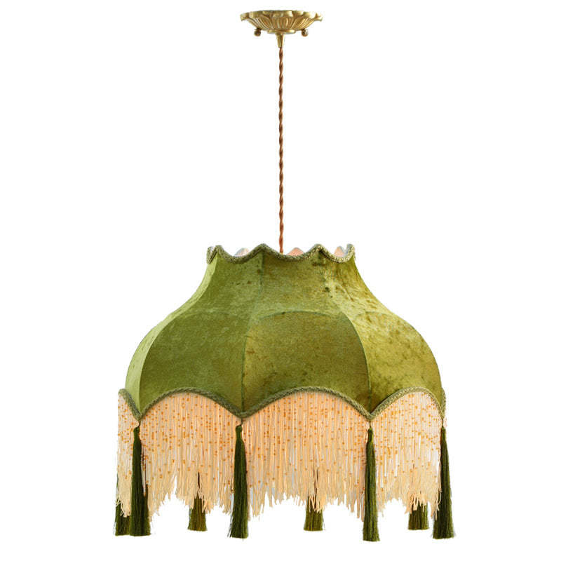 French Vintage Fabric Tassel Brass Pendant Light