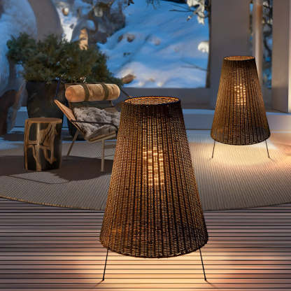 Rattan Shaded Tripod Metal and 1-Light Outdoor Floor Lamp-Lighom