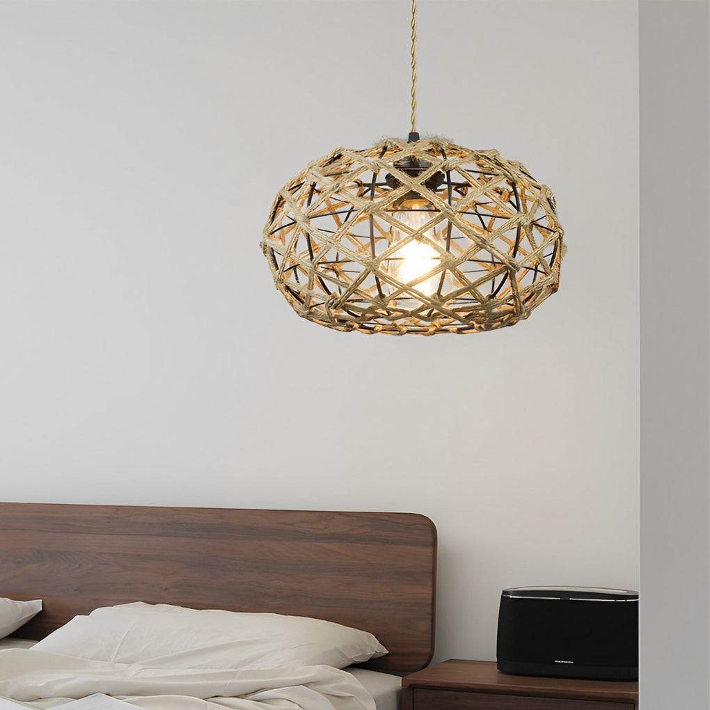 Round Hand-Woven Cage Rope Beige Retro Pendant Chandelier