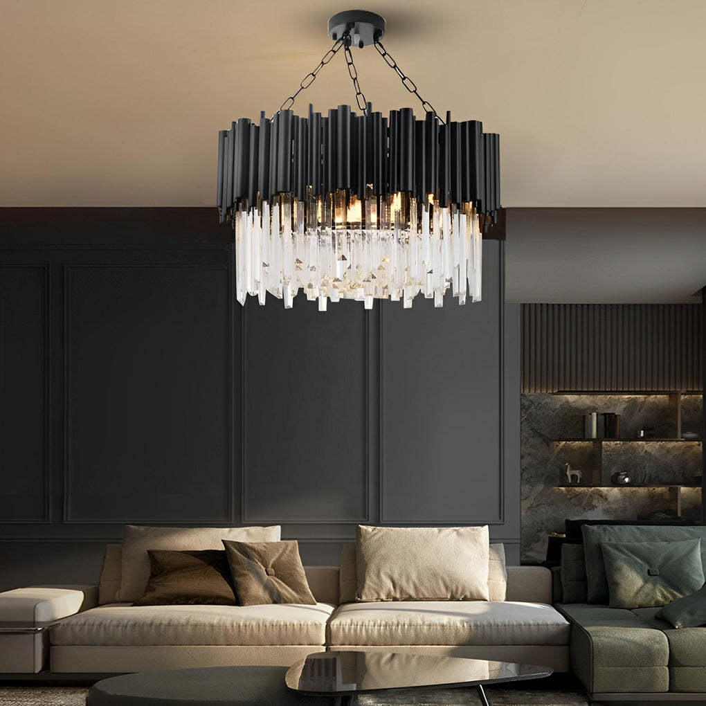 Circular Clear Crystal Metal Black Modern Pendant