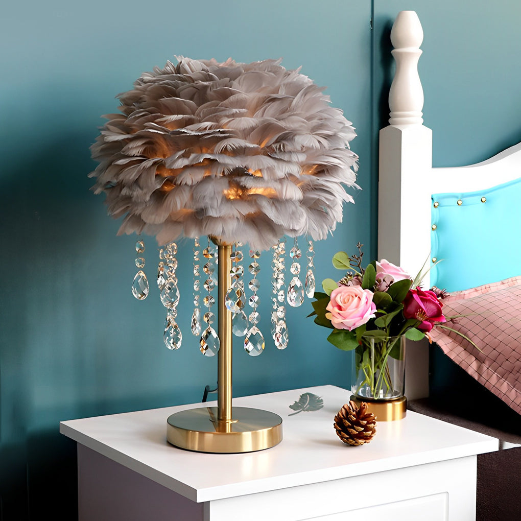 LED Feather Crystal Tassel Ambient Table Lamp — Pink