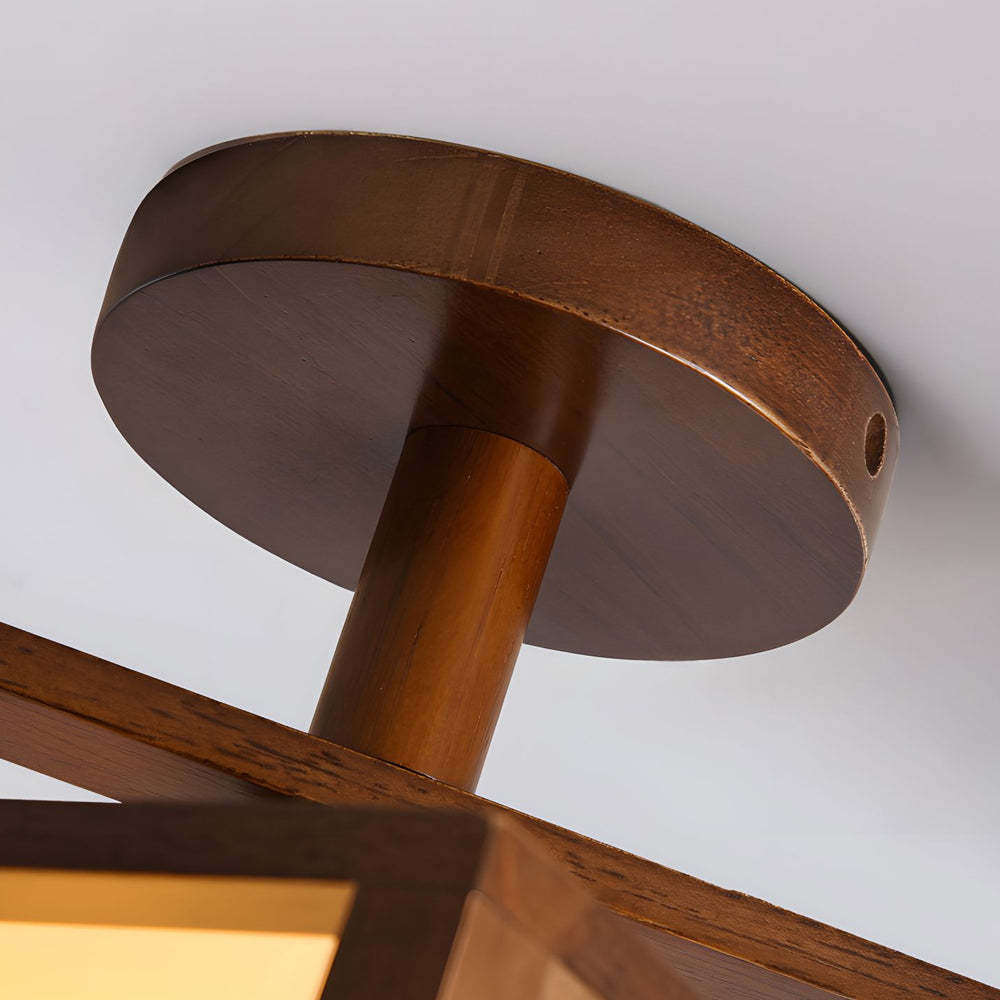 Square Walnut Wood Frame Semi-Flush Ceiling Light