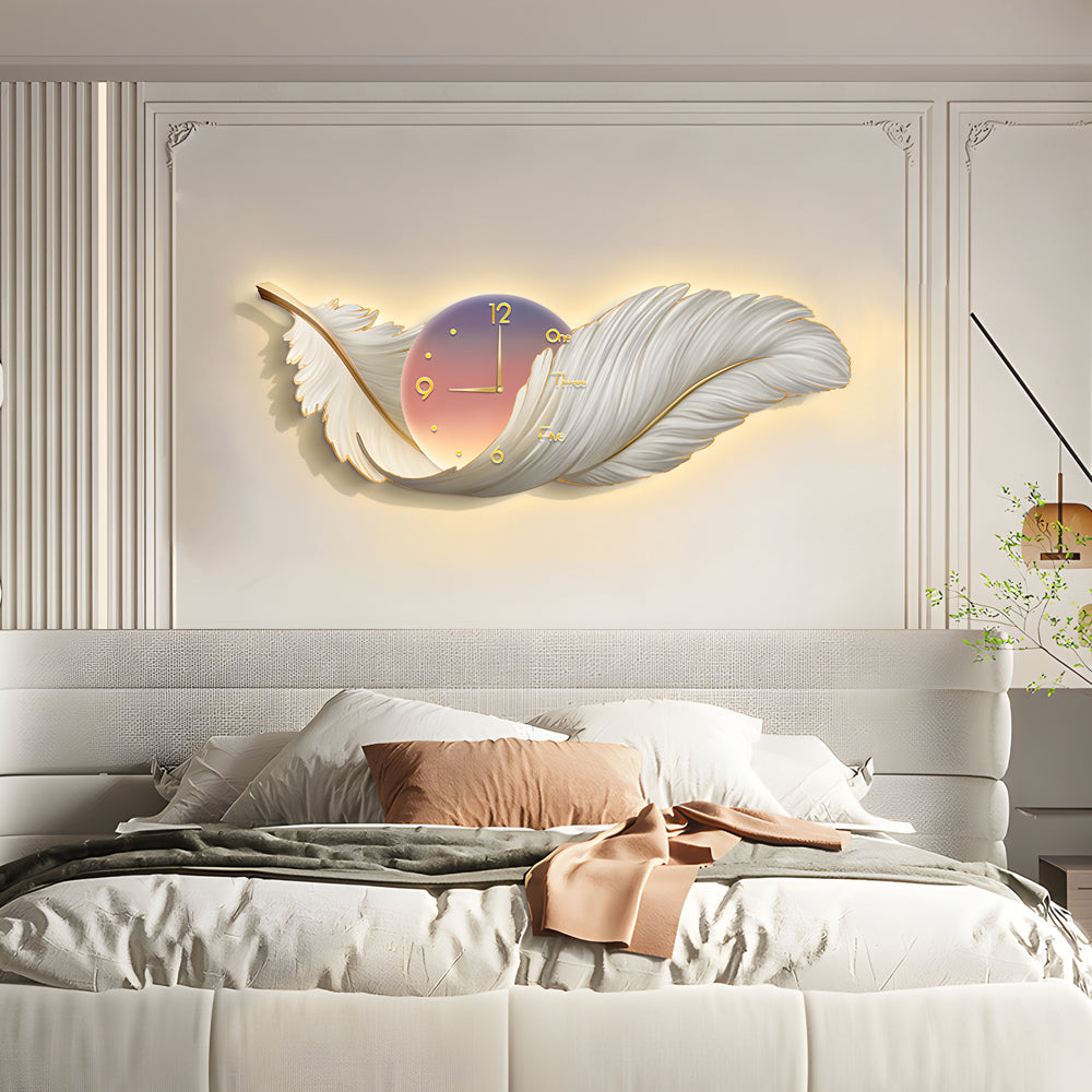 2-In-1 Wall Feather Painting Hanging Decor LED Wall Lamp Wall Clock-Lighom