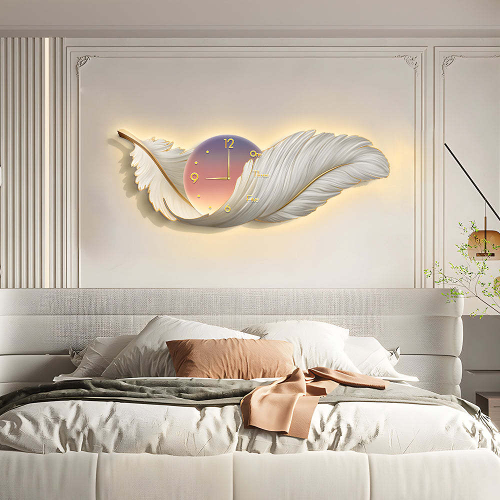 2-In-1 Wall Feather Painting Hanging Decor LED Wall Lamp Wall Clock-Lighom