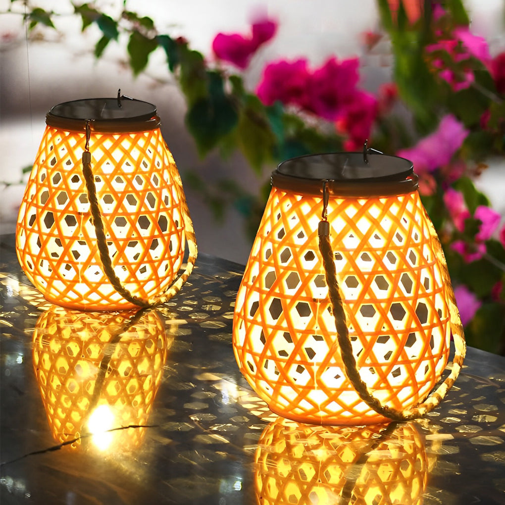 Portable Bamboo Rattan USB Solar Outdoor Lantern
