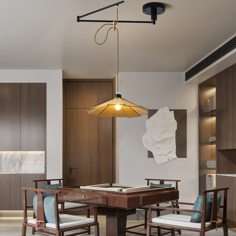 Wood Umbrella Dimmable Swing Arm Modern Chandelier