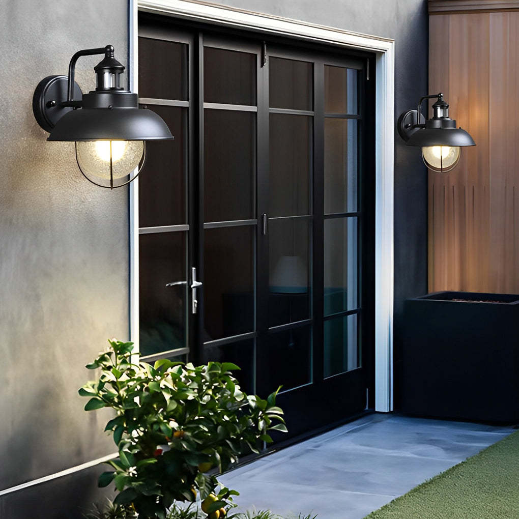Nautical Black Metal Cage Seeded Glass Outdoor Wall Light