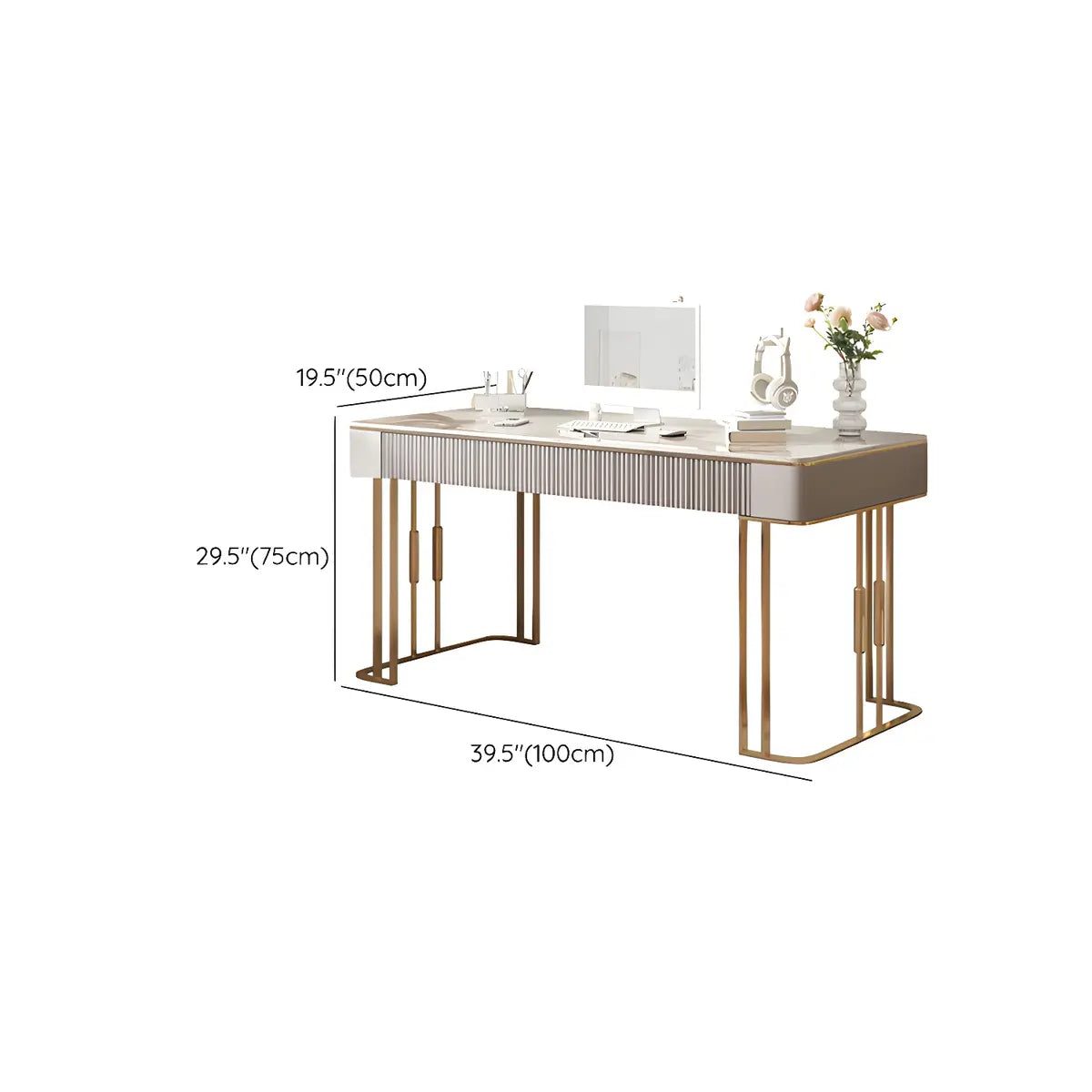 White-Gold Stone Metal Sled Writing Desk
