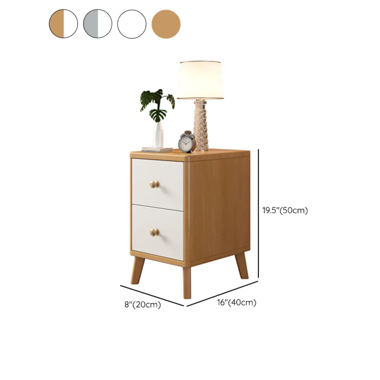 Natural Square Wood 2-Drawer Nightstand with Legs — Natural/ White