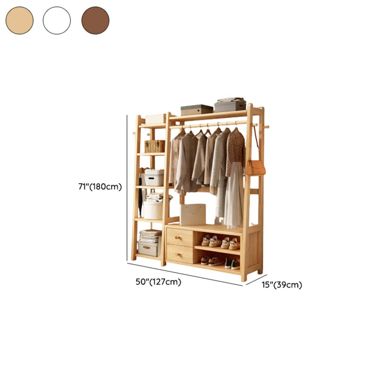 Brown Wood Coat Rack with Shelves and Drawers