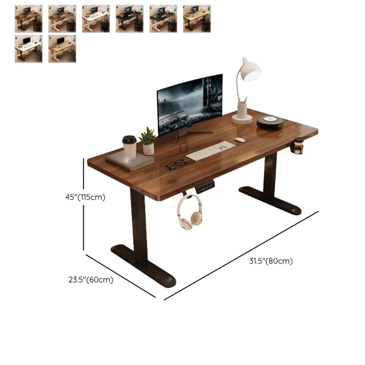 Height-Adjustable Walnut Wood T-Shape Standing Desk — Without Chairs / White-Black