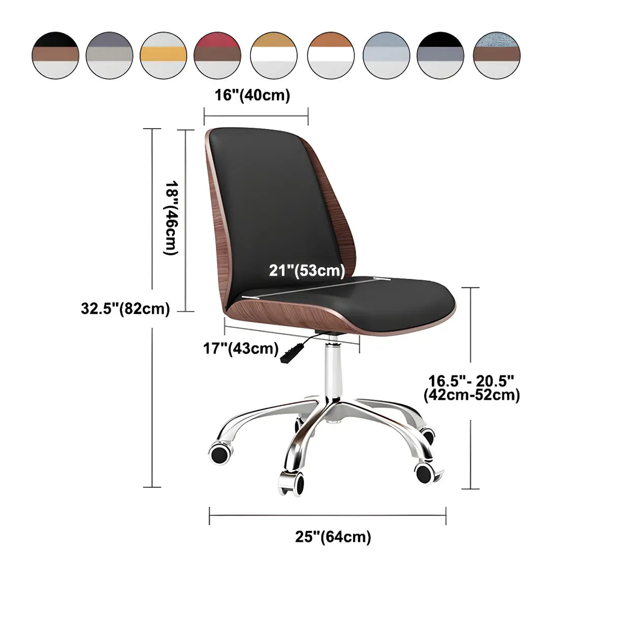 Adjustable Armless Black Faux Leather Swivel Office Chair