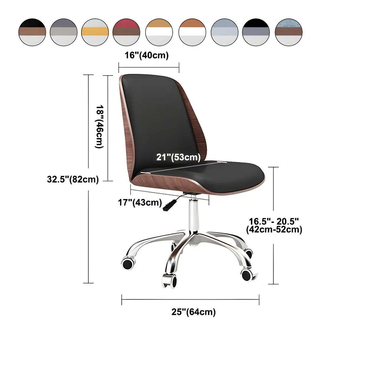 Adjustable Armless Black Faux Leather Swivel Office Chair
