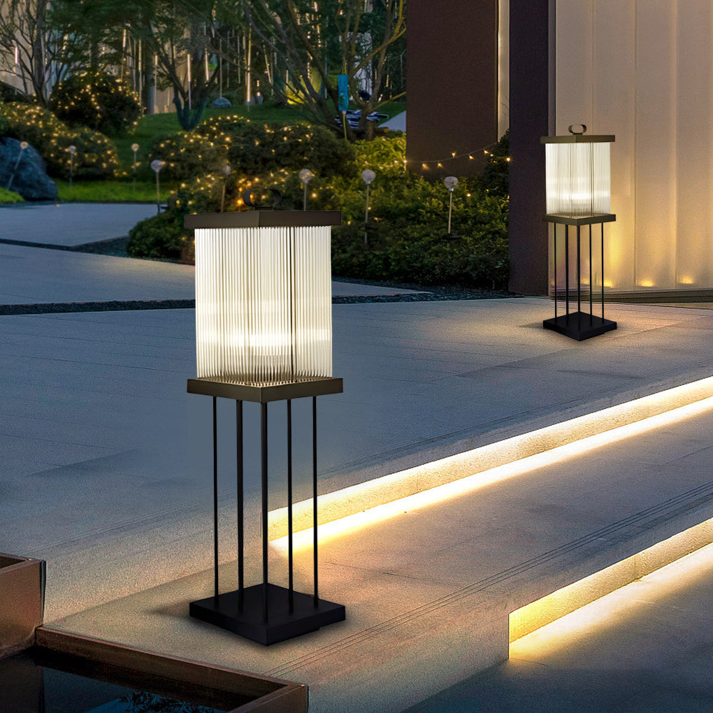 Lighom modern striped square black landscape lighting in glass — 7.9" W x 7.9" D x 13.4" H / Solar
