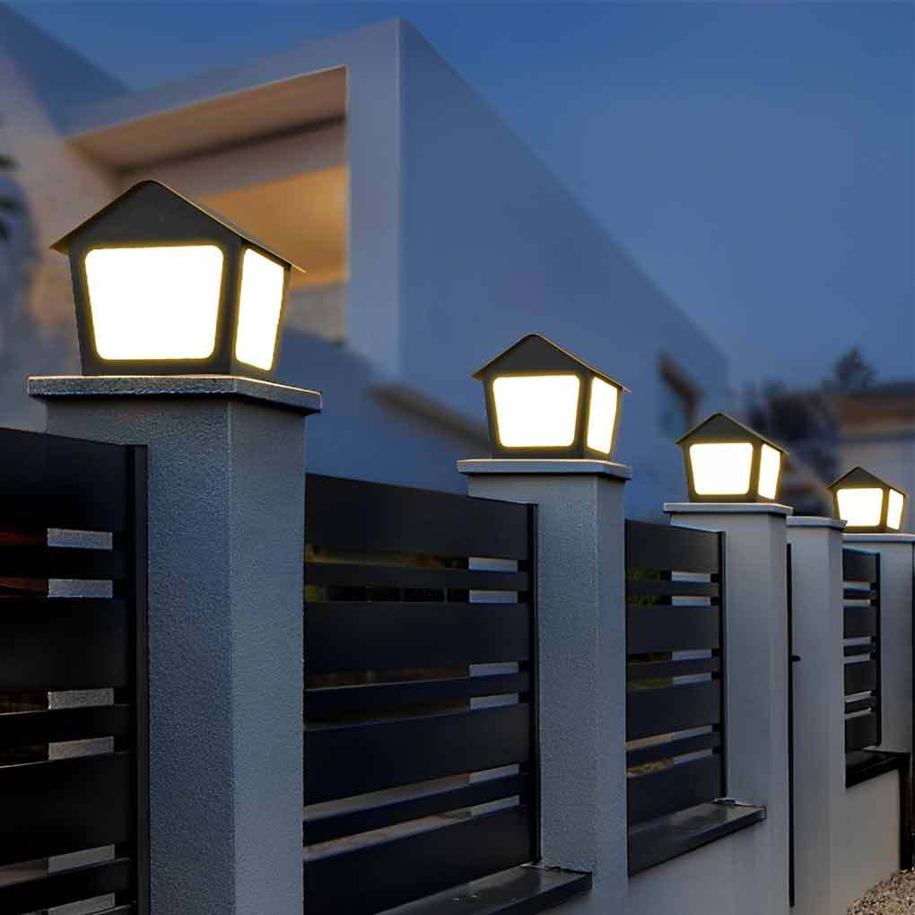 Cottage Shaped LED Waterproof Black Modern Solar Fence Post Lights Pil