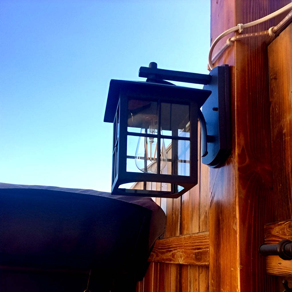Antique Lantern Shaped Glass Waterproof Black Modern Wall Sconce Lighting-Lighom